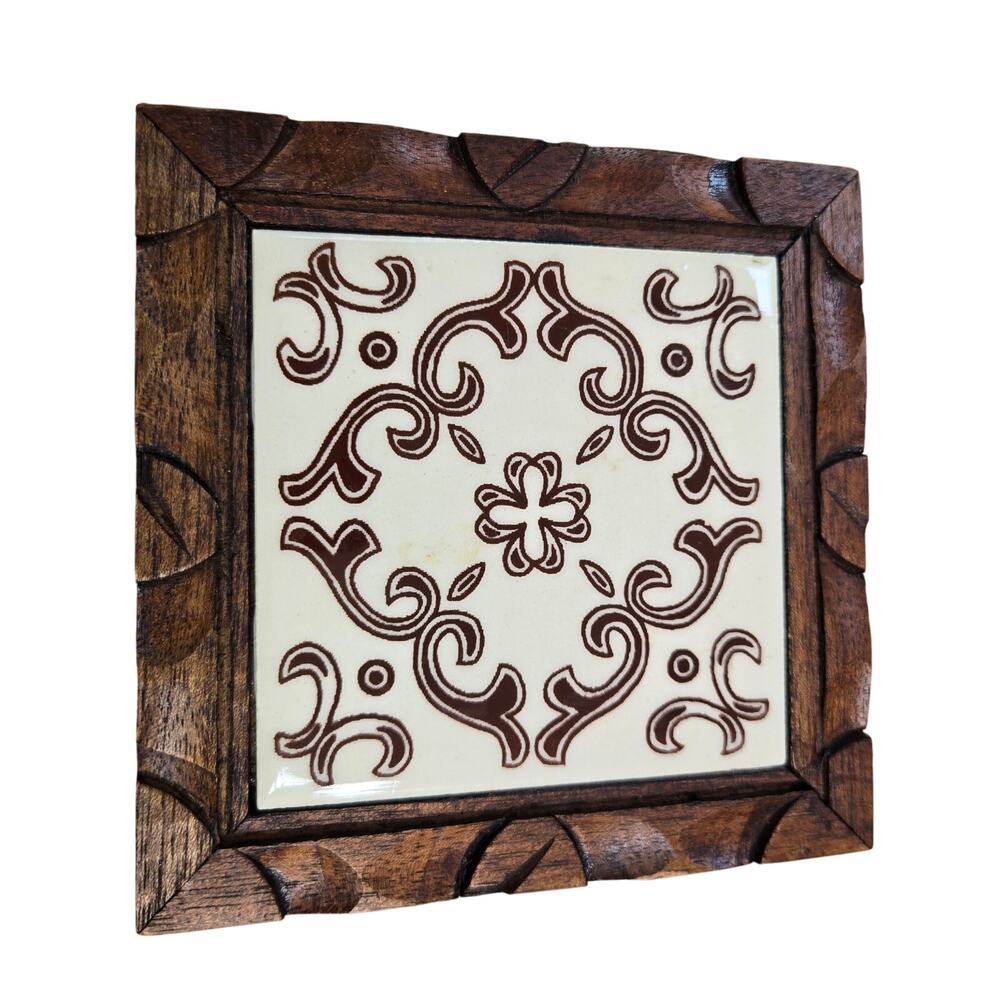 Vintage Handmade Folk Art Tile Wood  Decorative Trivet Orion Mexico Neutral